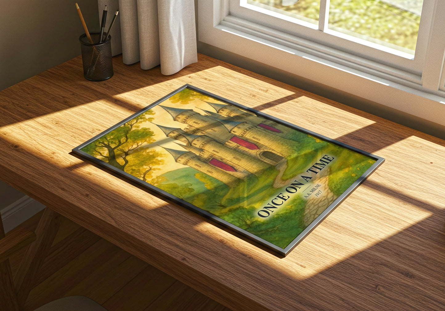 Once On A Time watercolour book poster framed on wall – childrens wall art