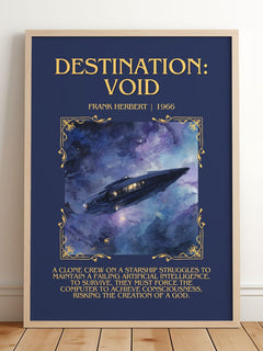 Destination: Void Minimalist Book Poster by Frank Herbert – framed print leaning on a wooden floor
