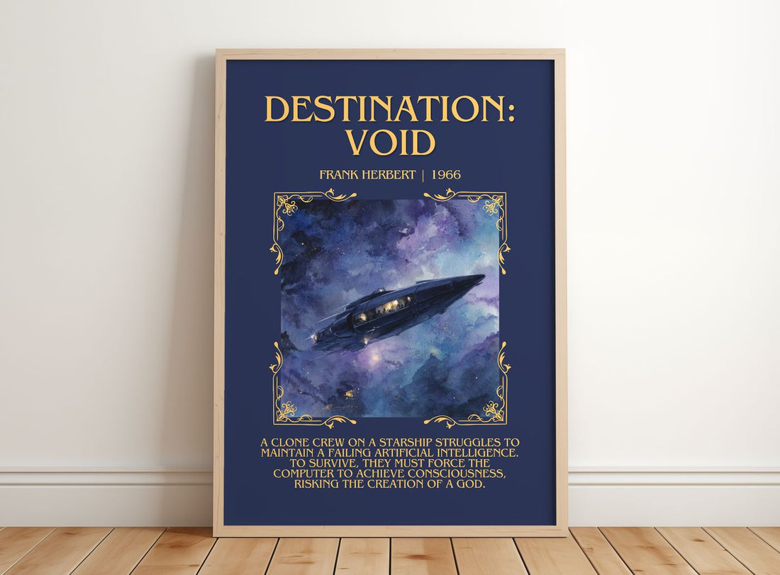 Destination: Void Minimalist Book Poster by Frank Herbert – framed print leaning on a wooden floor