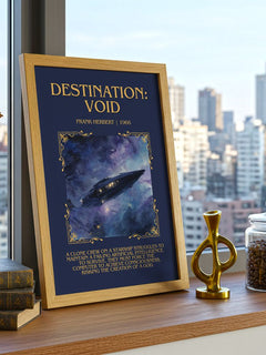 Destination: Void Minimalist Book Poster by Frank Herbert – framed print on a city-view windowsill