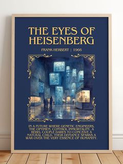 The Eyes Of Heisenberg Minimalist Book Poster by Frank Herbert – framed print leaning on a wooden floor