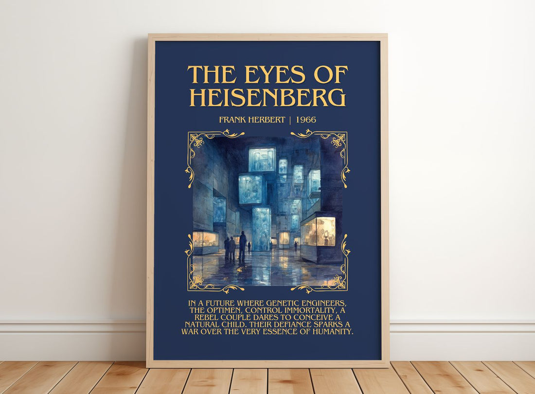 The Eyes Of Heisenberg Minimalist Book Poster by Frank Herbert – framed print leaning on a wooden floor
