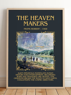 The Heaven Makers Minimalist Book Poster by Frank Herbert – framed print leaning on a wooden floor