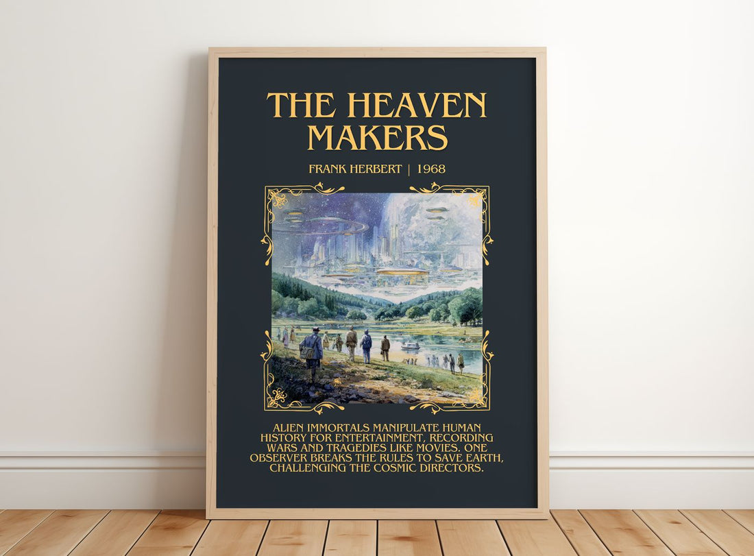 The Heaven Makers Minimalist Book Poster by Frank Herbert – framed print leaning on a wooden floor
