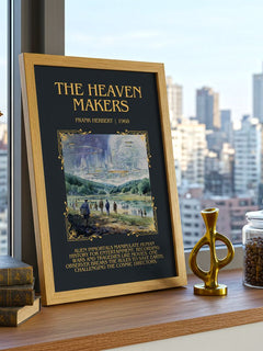 The Heaven Makers Minimalist Book Poster by Frank Herbert – framed print on a city-view windowsill
