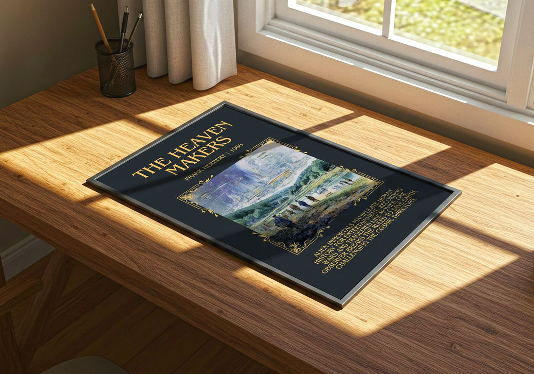 The Heaven Makers Minimalist Book Poster by Frank Herbert – print on a sunlit desk