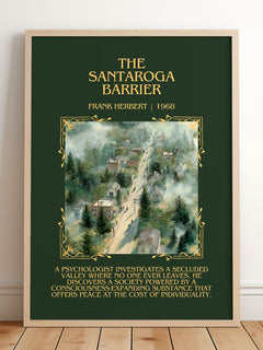 The Santaroga Barrier Minimalist Book Poster by Frank Herbert – framed print leaning on a wooden floor