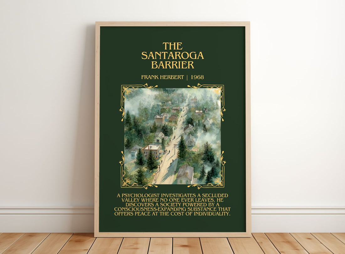 The Santaroga Barrier Minimalist Book Poster by Frank Herbert – framed print leaning on a wooden floor