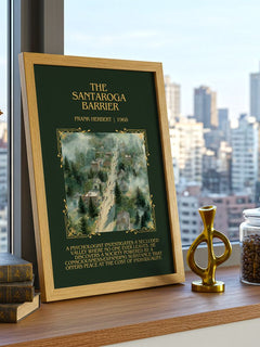 The Santaroga Barrier Minimalist Book Poster by Frank Herbert – framed print on a city-view windowsill