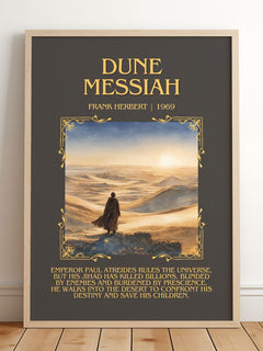 Dune Messiah Minimalist Book Poster by Frank Herbert – framed print leaning on a wooden floor