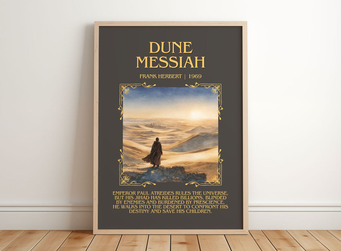Dune Messiah Minimalist Book Poster by Frank Herbert – framed print leaning on a wooden floor