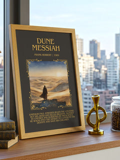 Dune Messiah Minimalist Book Poster by Frank Herbert – framed print on a city-view windowsill