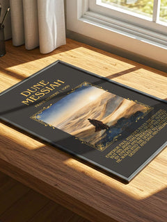 Dune Messiah Minimalist Book Poster by Frank Herbert – print on a sunlit desk