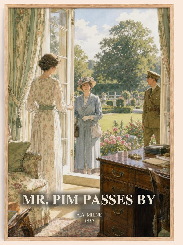 Mr. Pim Passes By watercolour book poster by A.A. Milne – framed literary art print