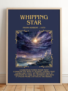 Whipping Star Minimalist Book Poster by Frank Herbert – framed print leaning on a wooden floor