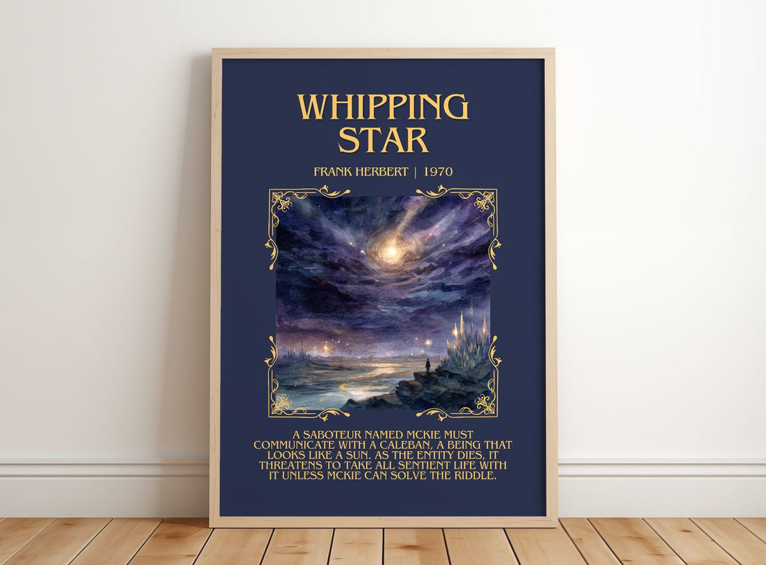 Whipping Star Minimalist Book Poster by Frank Herbert – framed print leaning on a wooden floor