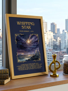 Whipping Star Minimalist Book Poster by Frank Herbert – framed print on a city-view windowsill