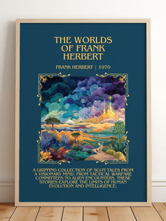 The Worlds Of Frank Herbert Minimalist Book Poster by Frank Herbert – framed print leaning on a wooden floor