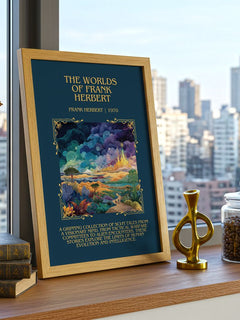 The Worlds Of Frank Herbert Minimalist Book Poster by Frank Herbert – framed print on a city-view windowsill