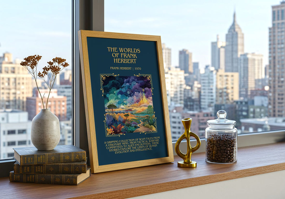 The Worlds Of Frank Herbert Minimalist Book Poster by Frank Herbert – framed print on a city-view windowsill