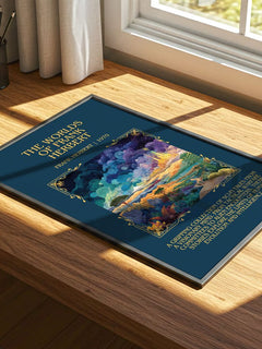 The Worlds Of Frank Herbert Minimalist Book Poster by Frank Herbert – print on a sunlit desk
