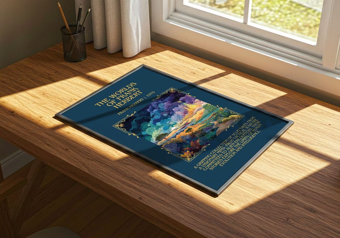 The Worlds Of Frank Herbert Minimalist Book Poster by Frank Herbert – print on a sunlit desk