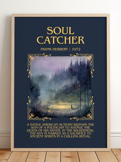 Soul Catcher Minimalist Book Poster by Frank Herbert – framed print leaning on a wooden floor