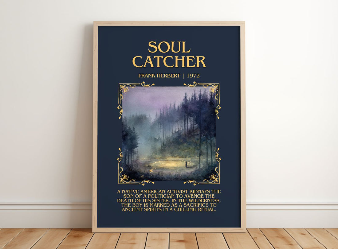 Soul Catcher Minimalist Book Poster by Frank Herbert – framed print leaning on a wooden floor