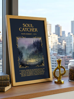 Soul Catcher Minimalist Book Poster by Frank Herbert – framed print on a city-view windowsill