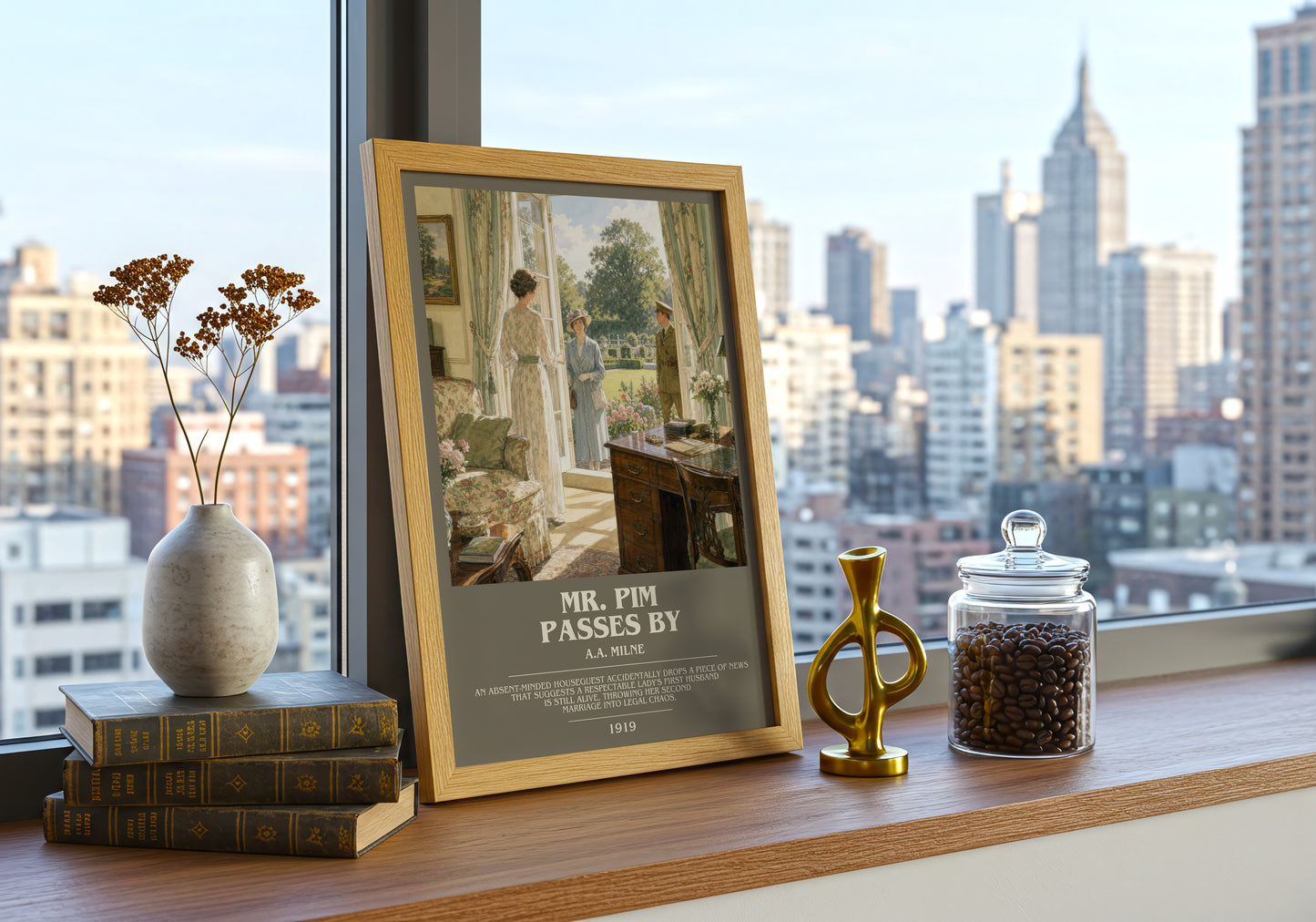 Mr. Pim Passes By bookish print framed by window – literary home decor