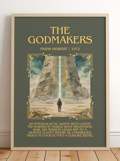 The Godmakers Minimalist Book Poster by Frank Herbert – framed print leaning on a wooden floor