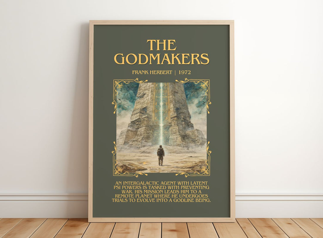 The Godmakers Minimalist Book Poster by Frank Herbert – framed print leaning on a wooden floor