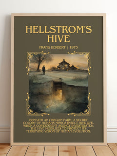 Hellstrom's Hive Minimalist Book Poster by Frank Herbert – framed print leaning on a wooden floor