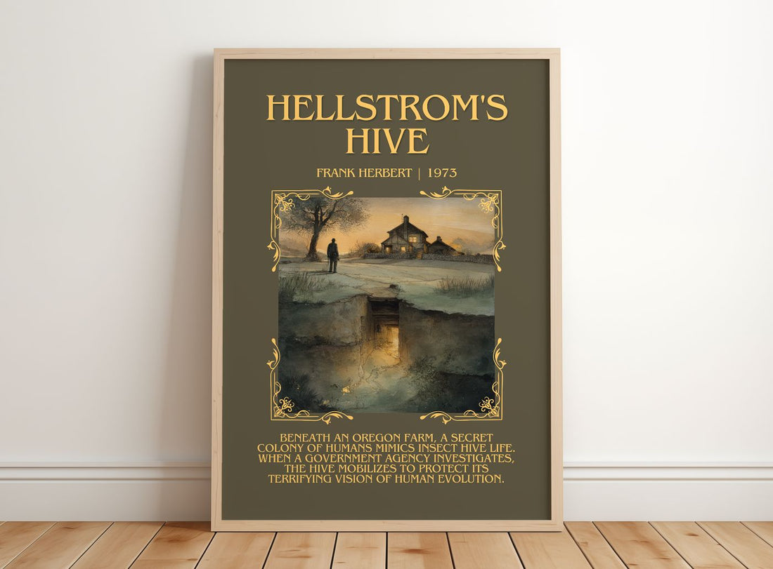 Hellstrom's Hive Minimalist Book Poster by Frank Herbert – framed print leaning on a wooden floor