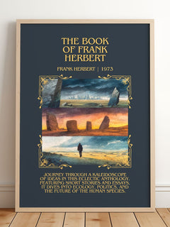 The Book Of Frank Herbert Minimalist Book Poster by Frank Herbert – framed print leaning on a wooden floor