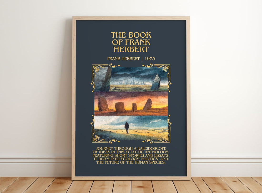 The Book Of Frank Herbert Minimalist Book Poster by Frank Herbert – framed print leaning on a wooden floor