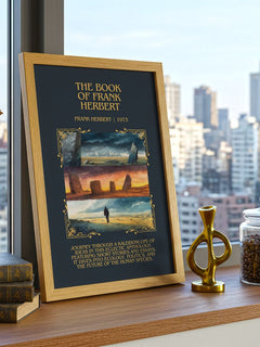 The Book Of Frank Herbert Minimalist Book Poster by Frank Herbert – framed print on a city-view windowsill