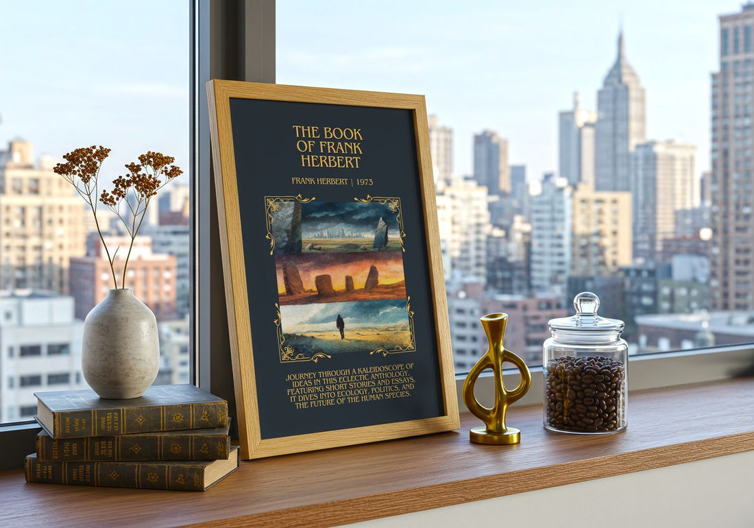 The Book Of Frank Herbert Minimalist Book Poster by Frank Herbert – framed print on a city-view windowsill