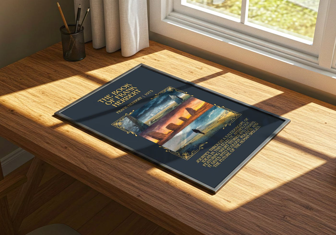 The Book Of Frank Herbert Minimalist Book Poster by Frank Herbert – print on a sunlit desk