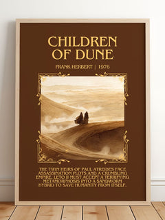 Children Of Dune Minimalist Book Poster by Frank Herbert – framed print leaning on a wooden floor