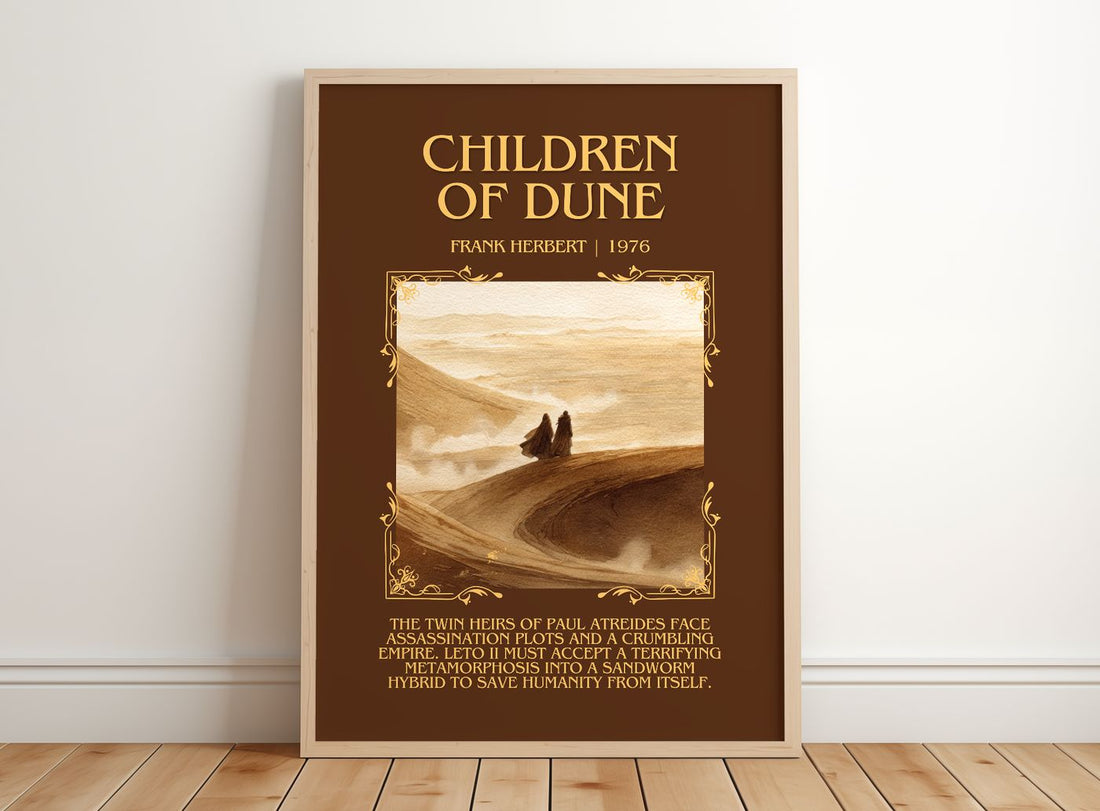 Children Of Dune Minimalist Book Poster by Frank Herbert – framed print leaning on a wooden floor