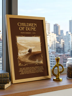 Children Of Dune Minimalist Book Poster by Frank Herbert – framed print on a city-view windowsill