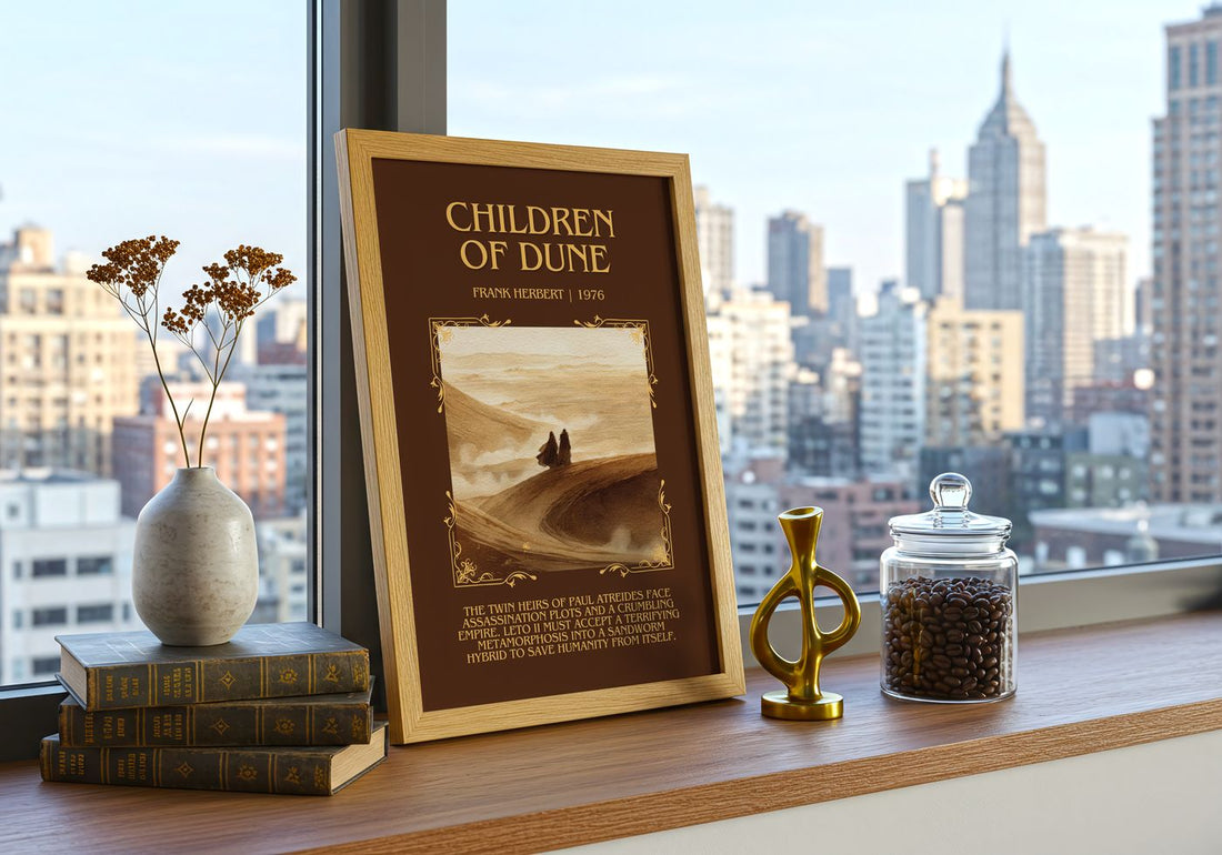 Children Of Dune Minimalist Book Poster by Frank Herbert – framed print on a city-view windowsill