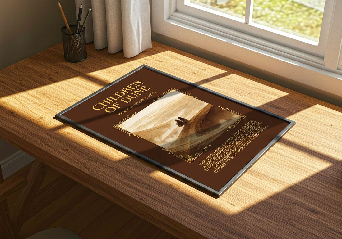 Children Of Dune Minimalist Book Poster by Frank Herbert – print on a sunlit desk