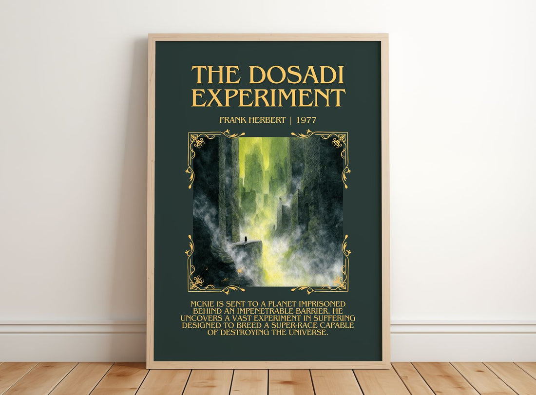 The Dosadi Experiment Minimalist Book Poster by Frank Herbert – framed print leaning on a wooden floor