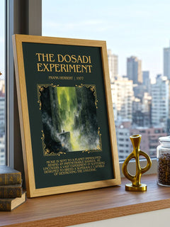 The Dosadi Experiment Minimalist Book Poster by Frank Herbert – framed print on a city-view windowsill