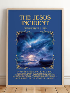The Jesus Incident Minimalist Book Poster by Frank Herbert – framed print leaning on a wooden floor