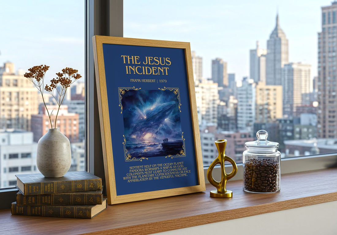 The Jesus Incident Minimalist Book Poster by Frank Herbert – framed print on a city-view windowsill