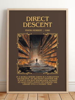 Direct Descent Minimalist Book Poster by Frank Herbert – framed print leaning on a wooden floor