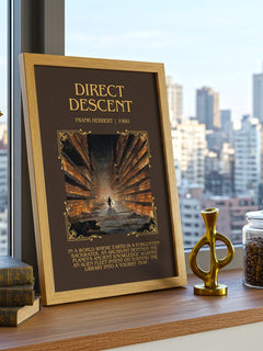 Direct Descent Minimalist Book Poster by Frank Herbert – framed print on a city-view windowsill